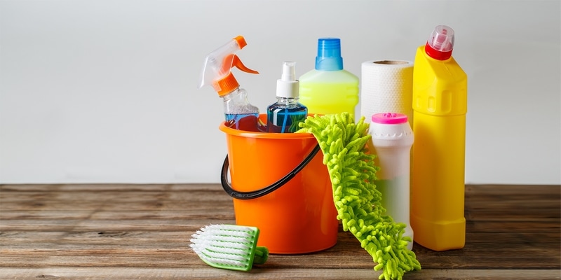 cleaning products in bucket